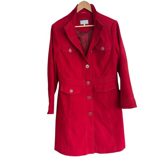 Per Una Cherry‎ Red Winter Coat Sz 14 Brushed Velvet Preppy Satin Twee 3/4 Bold - Picture 2 of 13